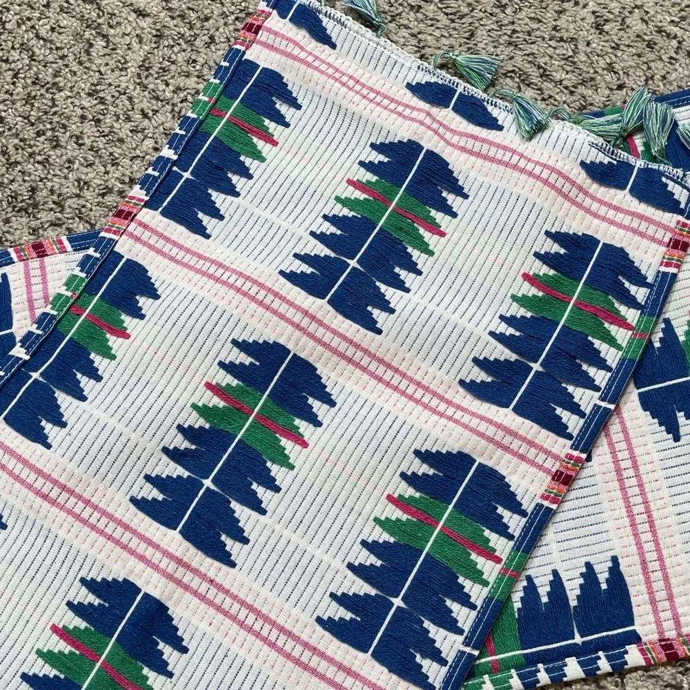 Eightowls‎ Geometric Aztec Southwest Woven Table Runner Blue Green Tassels Boho